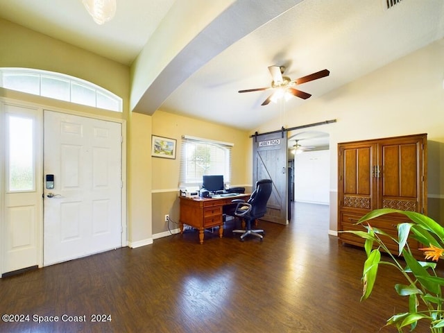 interior space with ceiling fan, dark hardwood / wood-style floors, and vaulted ceiling