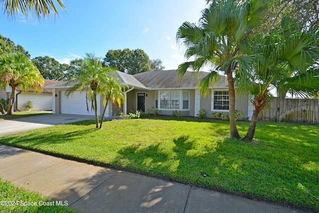 ranch-style home with a front yard and a garage