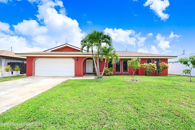 single story home featuring concrete driveway, a garage, fence, and a front lawn