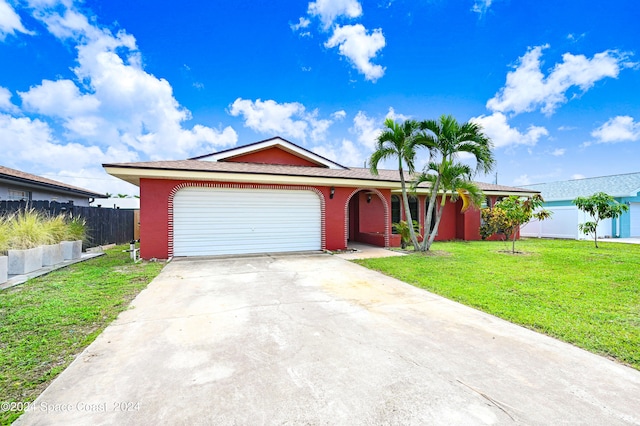 single story home featuring a front yard and a garage