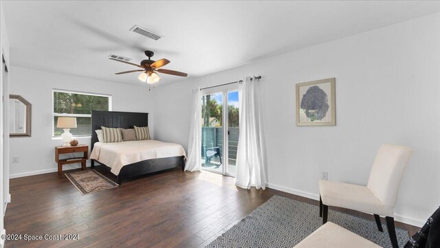 bedroom with access to exterior, ceiling fan, and dark hardwood / wood-style flooring