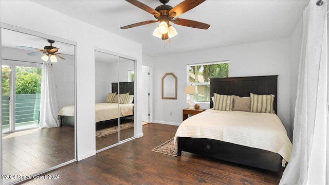 bedroom featuring dark wood-type flooring, ceiling fan, and multiple windows