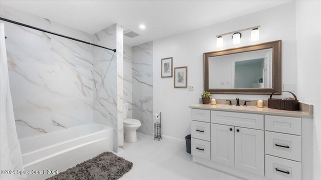 full bathroom with tile patterned flooring, vanity, toilet, and shower / tub combo with curtain