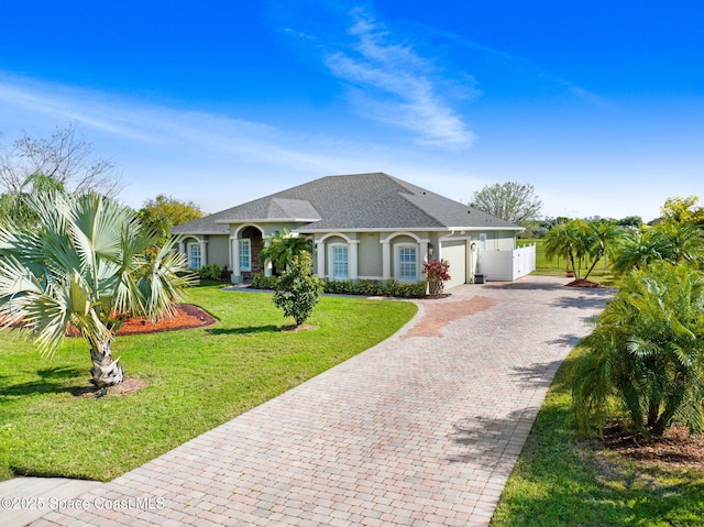 view of front facade featuring decorative driveway, stucco siding, an attached garage, a front yard, and fence