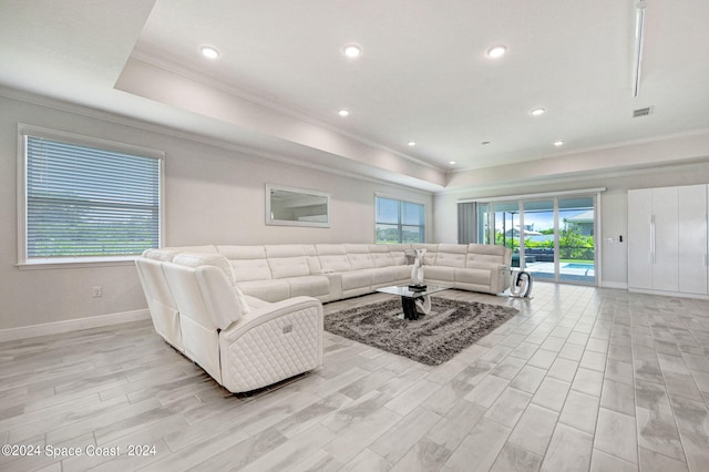 living room with light wood-type flooring, a healthy amount of sunlight, crown molding, and a raised ceiling