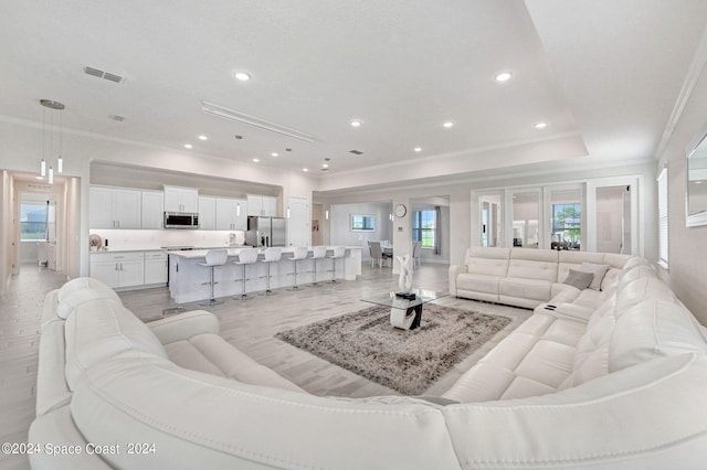 living room with light wood-type flooring, crown molding, and a tray ceiling