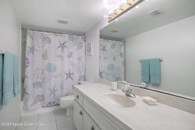 full bathroom featuring shower / bath combination with curtain, tile patterned floors, vanity, and toilet