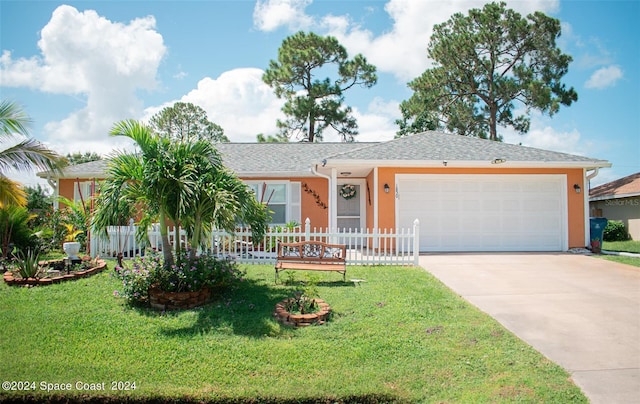 single story home featuring a garage and a front lawn