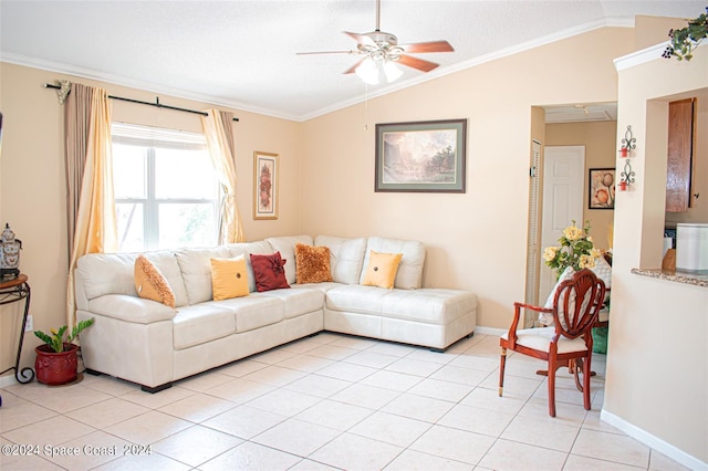 tiled living room featuring lofted ceiling, ceiling fan, crown molding, and a textured ceiling