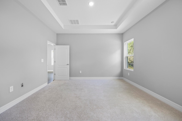 carpeted spare room with a tray ceiling