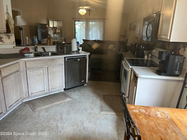 kitchen with dishwasher, sink, decorative backsplash, white electric range oven, and ceiling fan