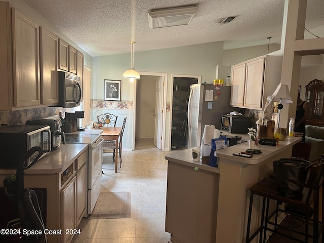 kitchen with a textured ceiling, stainless steel appliances, kitchen peninsula, and lofted ceiling