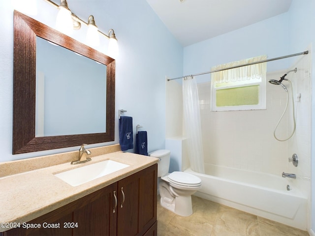 full bathroom with tile patterned floors, vanity, toilet, and shower / bathtub combination with curtain