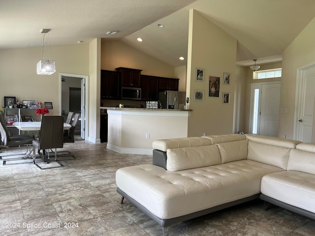 living room featuring high vaulted ceiling