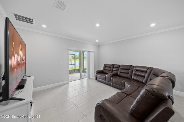 tiled living room with ornamental molding