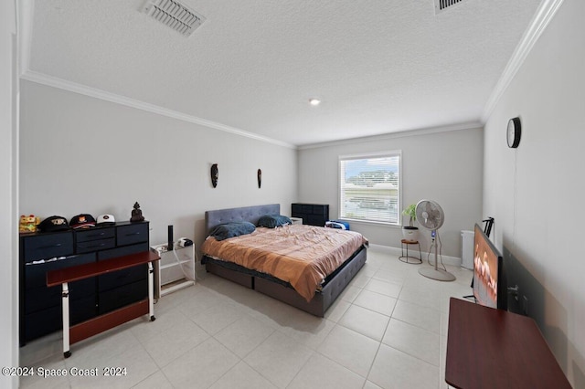 tiled bedroom with crown molding and a textured ceiling