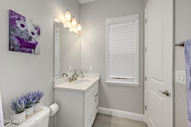 bathroom with hardwood / wood-style floors, vanity, and toilet