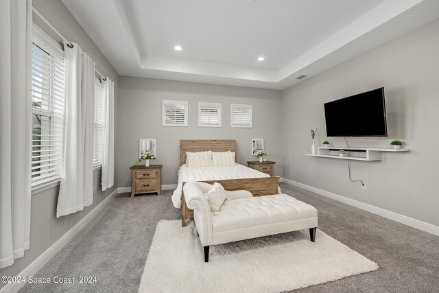 bedroom with light colored carpet and a tray ceiling