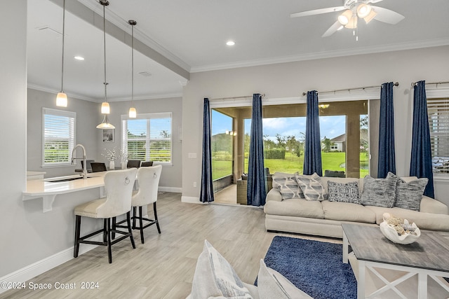 living room featuring ornamental molding, sink, light wood-type flooring, and ceiling fan