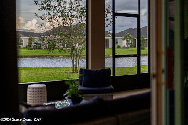 interior space with a water view