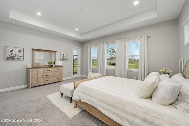 bedroom with a raised ceiling and light colored carpet