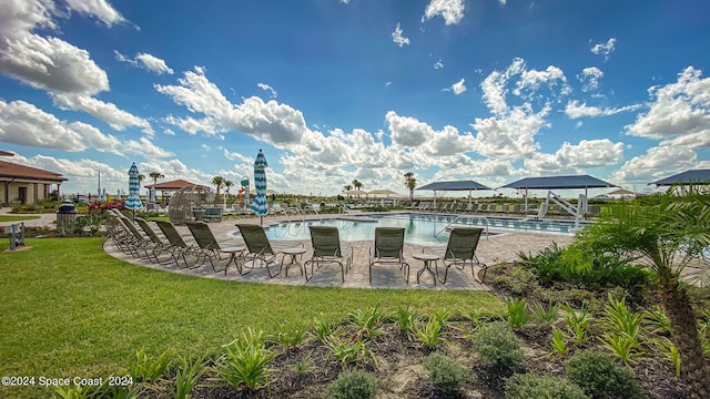 view of pool featuring a yard and a patio area