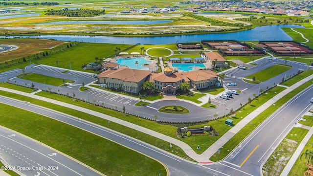 aerial view featuring a water view