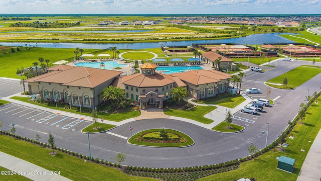 drone / aerial view with a water view