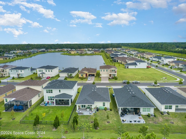 drone / aerial view featuring a water view