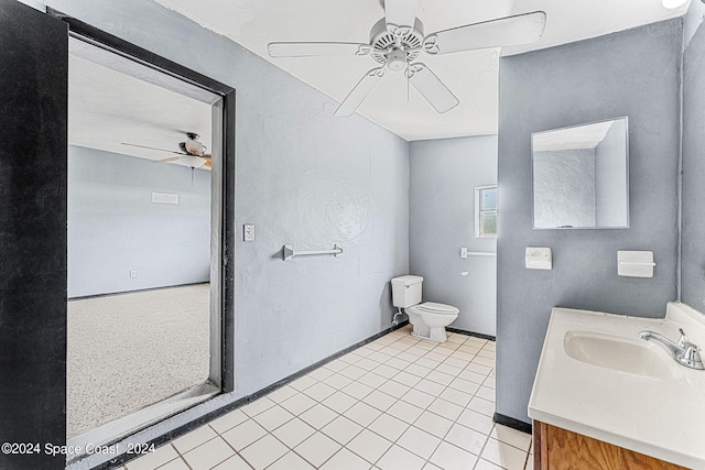 bathroom featuring tile patterned flooring, ceiling fan, vanity, and toilet