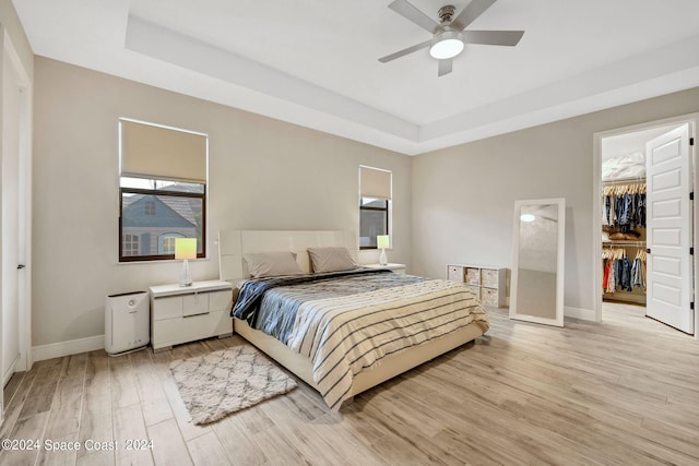 bedroom with a walk in closet, a tray ceiling, ceiling fan, light hardwood / wood-style flooring, and a closet