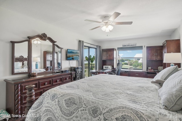 bedroom with access to exterior and ceiling fan