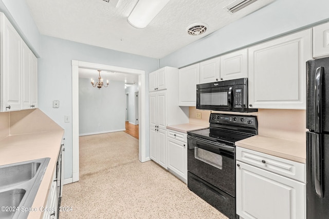 kitchen with a textured ceiling, black appliances, sink, a chandelier, and white cabinets