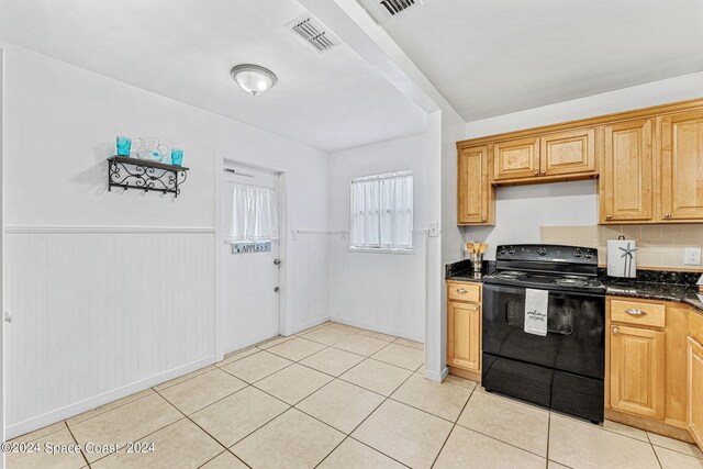 kitchen featuring electric range, dark stone counters, and tasteful backsplash