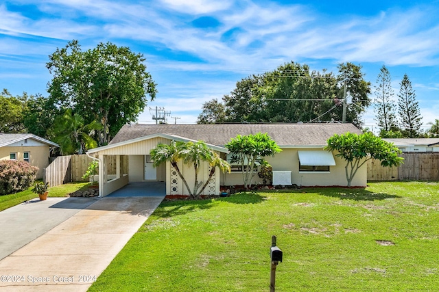 single story home with a front yard and a carport