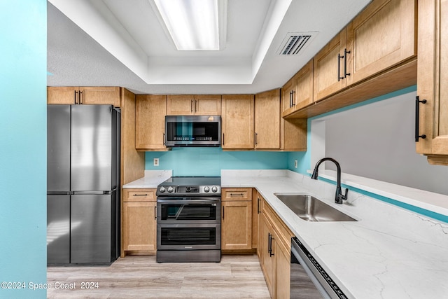 kitchen featuring appliances with stainless steel finishes, light hardwood / wood-style flooring, a raised ceiling, and sink