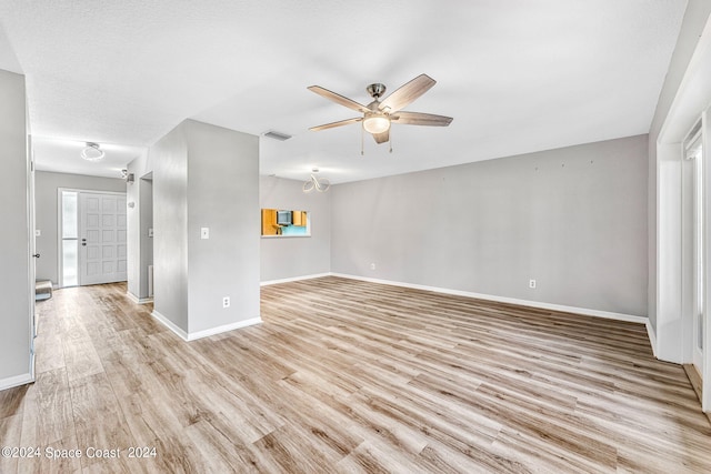 empty room featuring ceiling fan, light hardwood / wood-style floors, and a textured ceiling