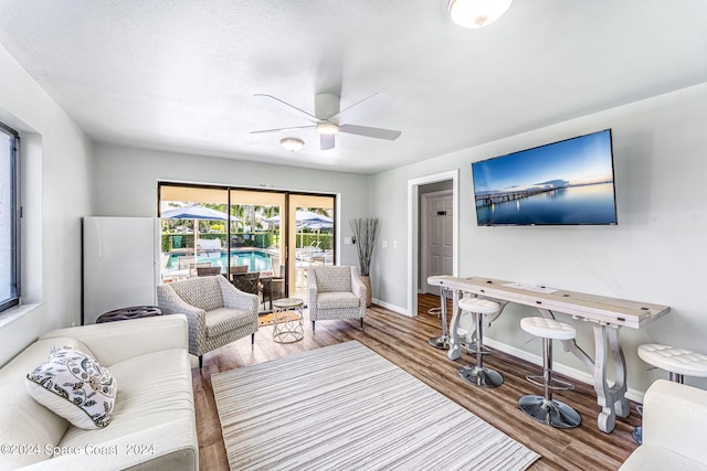 living room featuring hardwood / wood-style flooring and ceiling fan