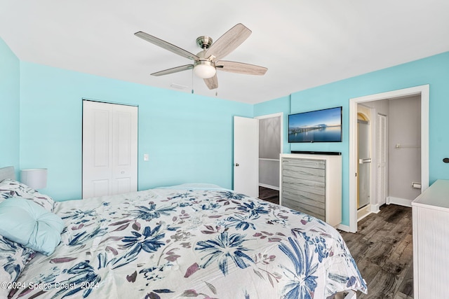 bedroom with ceiling fan, a closet, and dark wood-type flooring