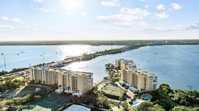 drone / aerial view featuring a water view