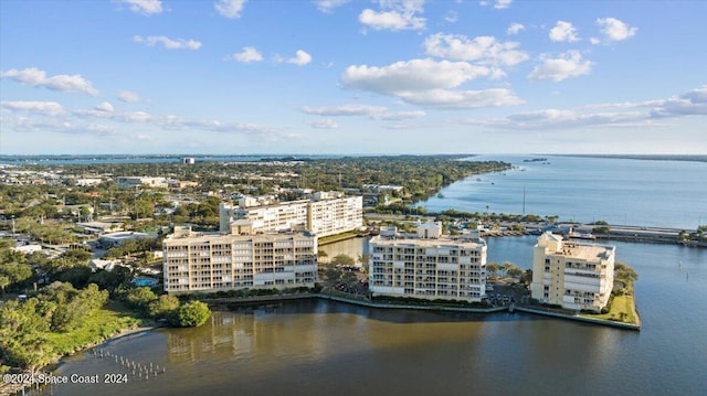 drone / aerial view with a water view