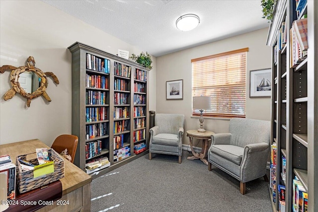 living area featuring a textured ceiling and carpet flooring