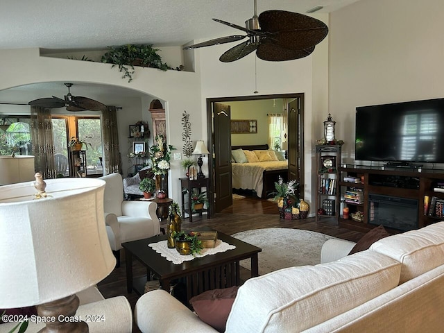 living room featuring dark hardwood / wood-style flooring, lofted ceiling, and a textured ceiling