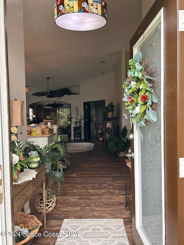 interior space with dark wood-type flooring and lofted ceiling