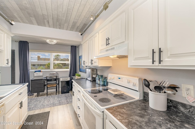 kitchen with wood ceiling, light wood-type flooring, white appliances, and white cabinetry