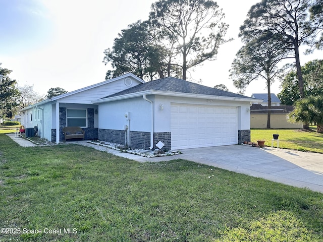 exterior space with a garage, concrete driveway, stone siding, cooling unit, and a yard