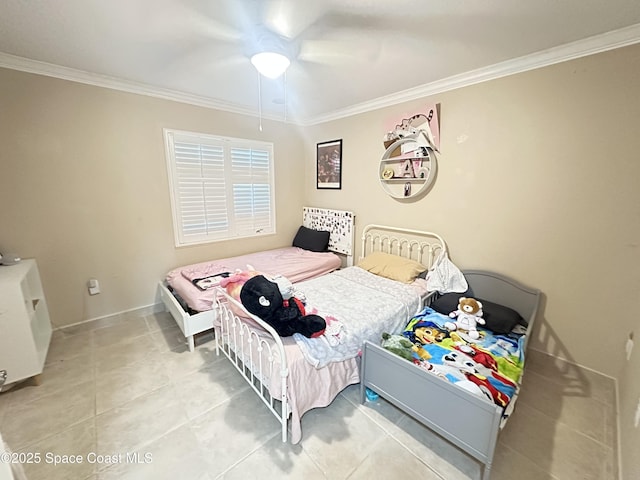 bedroom with baseboards, ceiling fan, light tile patterned floors, and crown molding