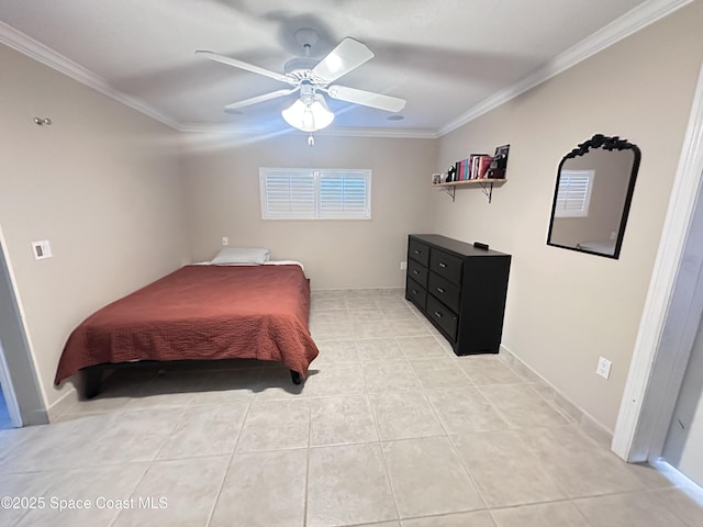 bedroom with ceiling fan, light tile patterned flooring, and crown molding