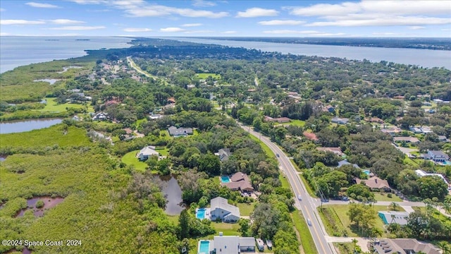 aerial view featuring a water view