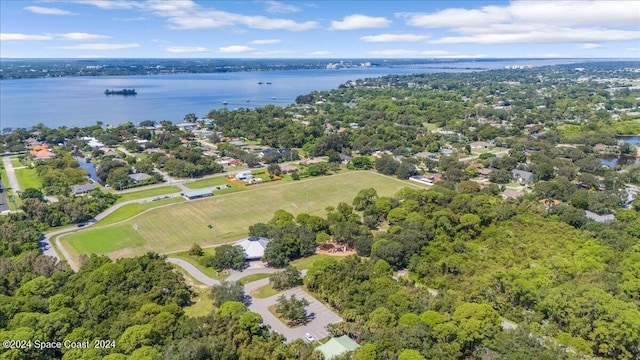 drone / aerial view featuring a water view